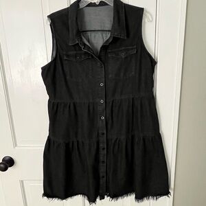 Black Cotton Chambray Button Up Tiered Mini Dress Sleeveless Raw Hem XL Western